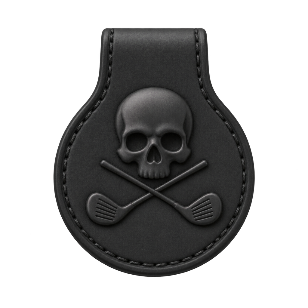 Illustration of a black stitched tab with a skull-and-crossed-clubs emblem.