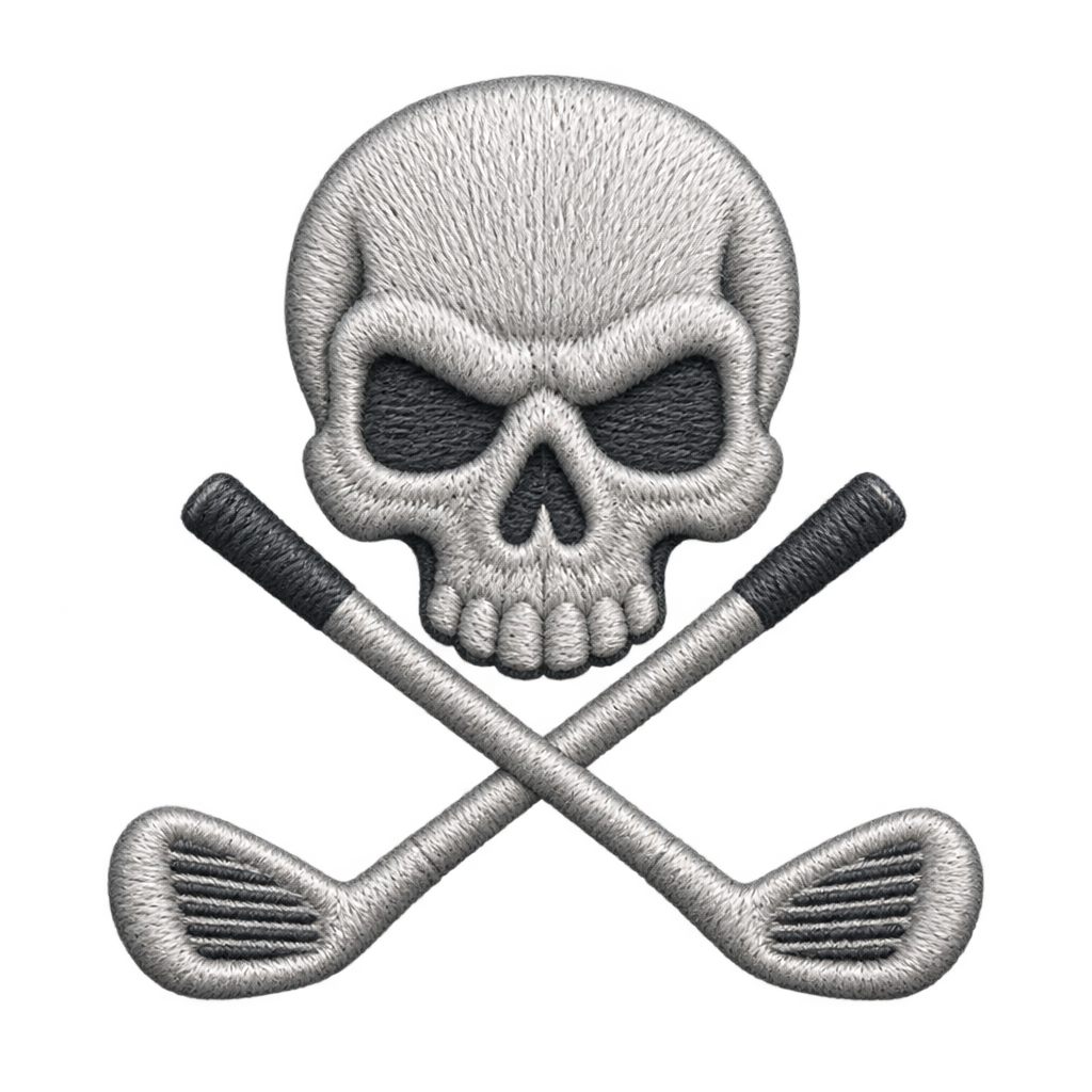 White embroidered-style skull with crossed grey golf clubs.