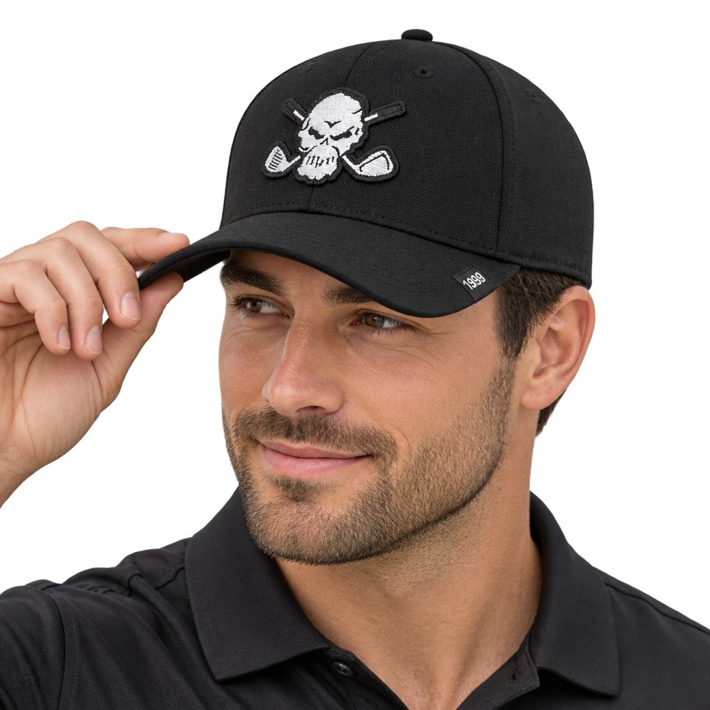 Man adjusting a black cap with a large white skull-and-crossed-clubs patch.