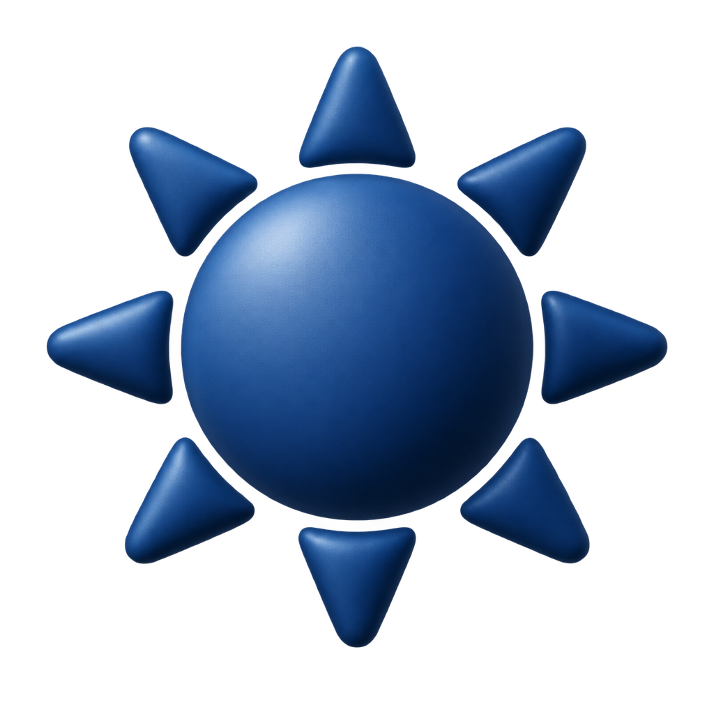 Glowing blue sun icon with pointed rays against a dark background.