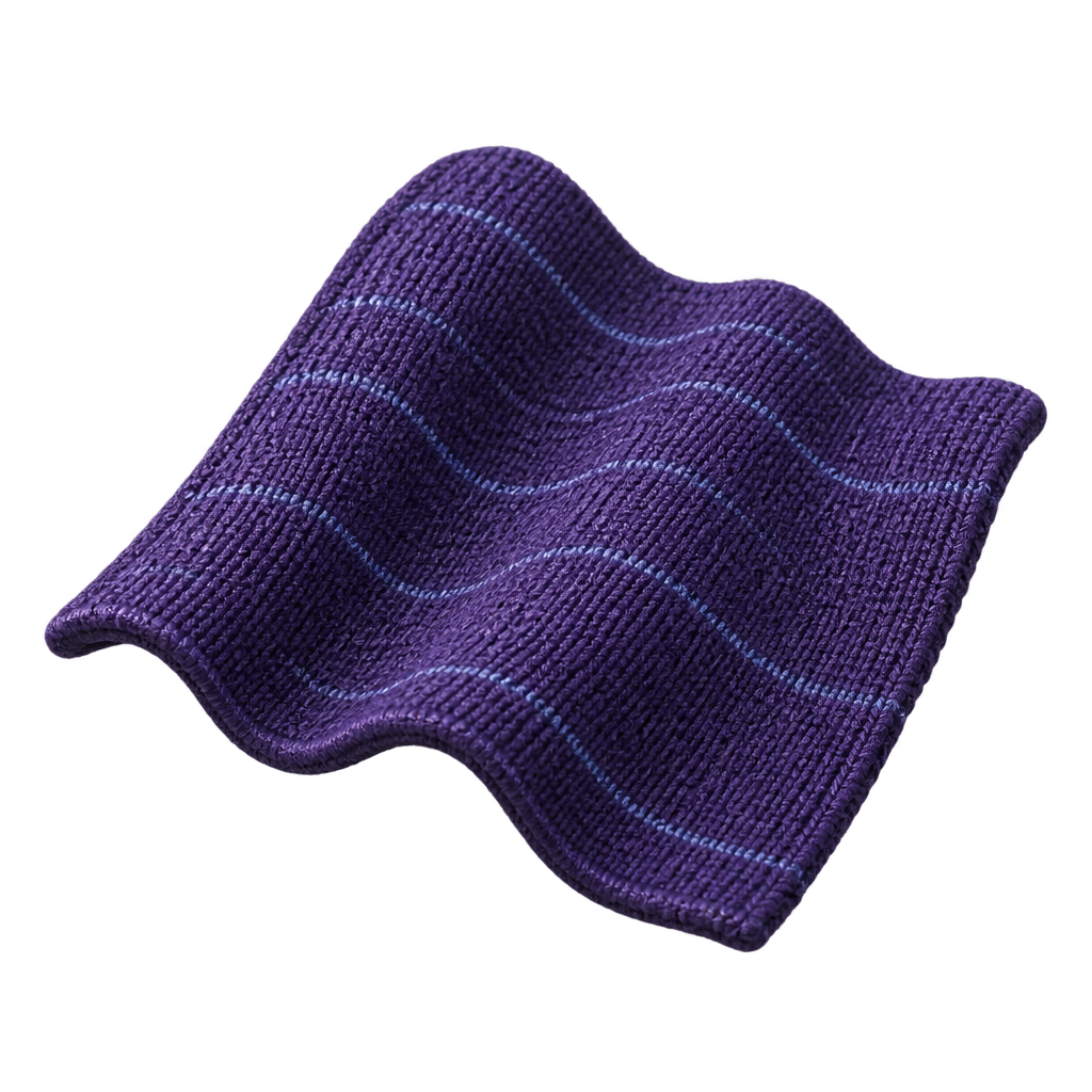 Purple knitted fabric swatch draped in a wave against a dark background.