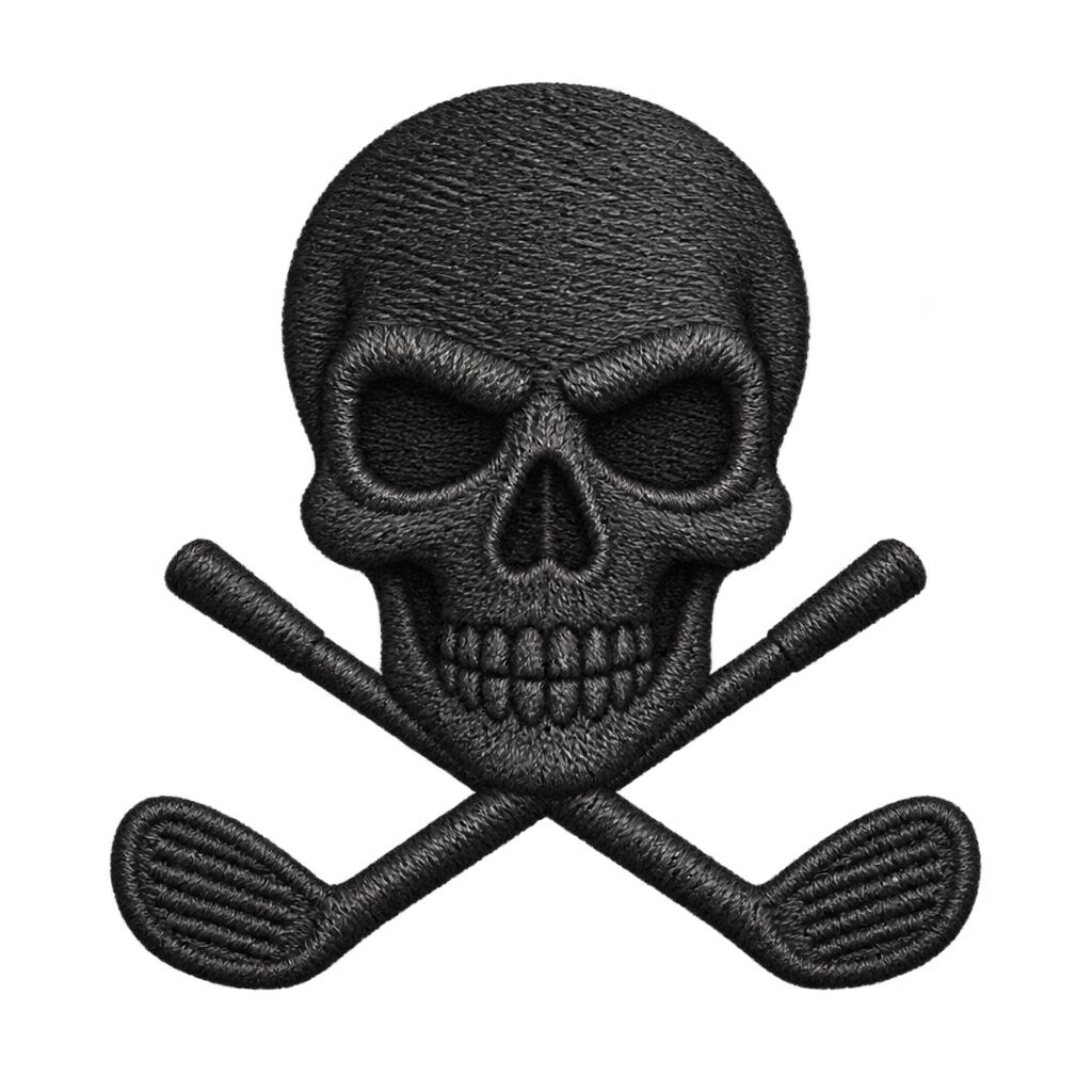 Black embroidered-style skull-and-crossed-clubs illustration.
