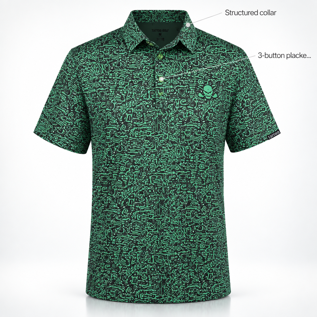 Tattoo Golf Summertime green golf polo with callouts highlighting the structured collar and three-button placket.