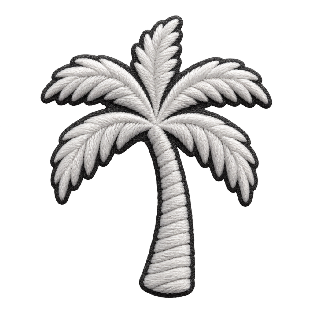 White embroidered-style palm-tree illustration.