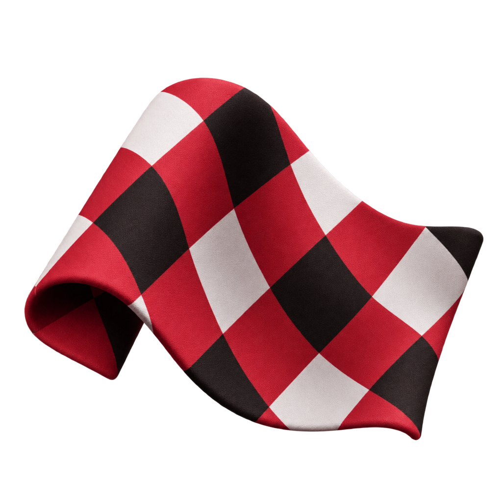Illustration of a curved fabric swatch with red, white and black argyle diamonds.