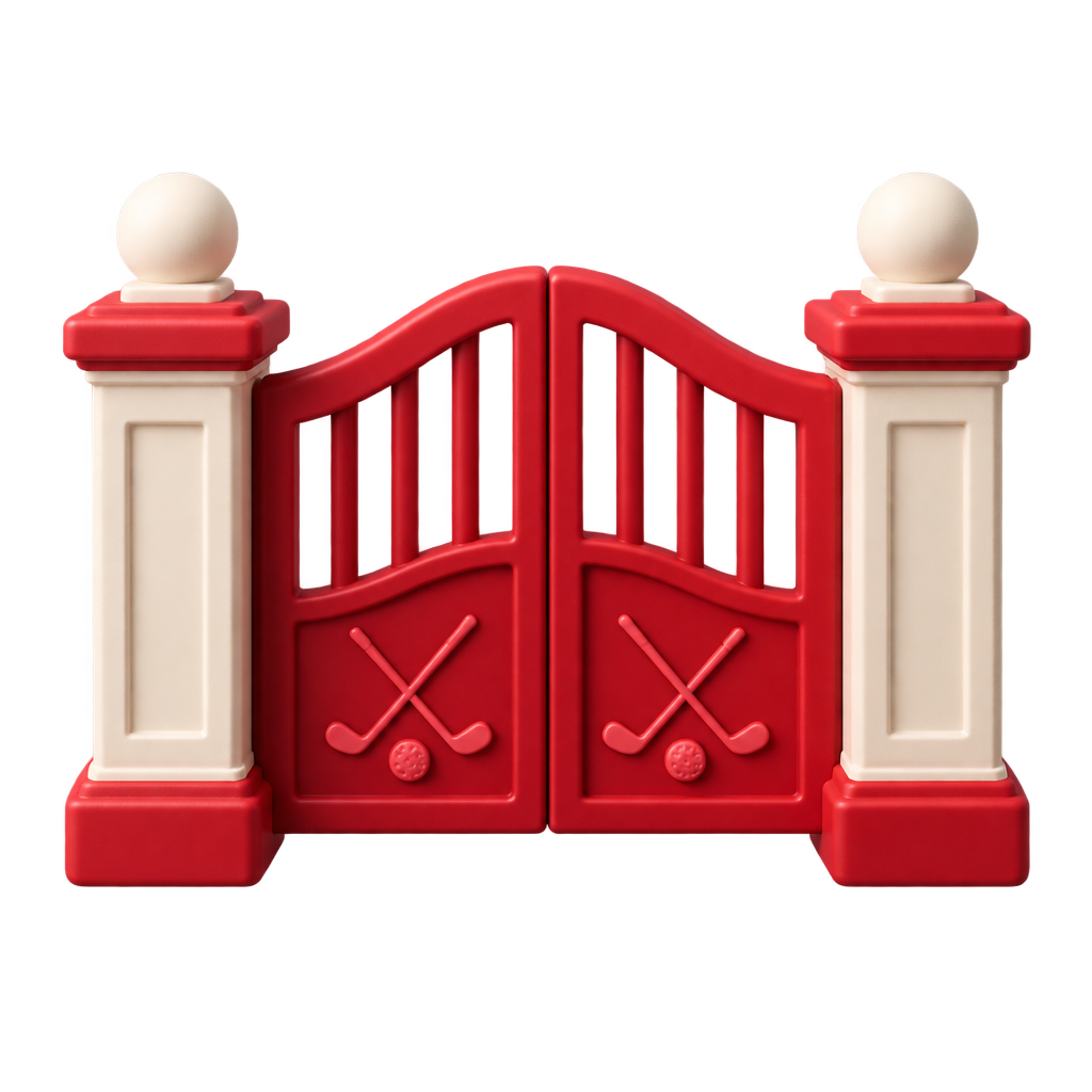 Illustration of red gates with crossed golf-club emblems between two pale pillars.