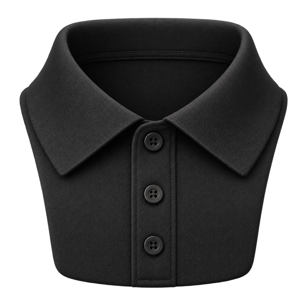Close-up illustration of a black polo collar and three-button placket.