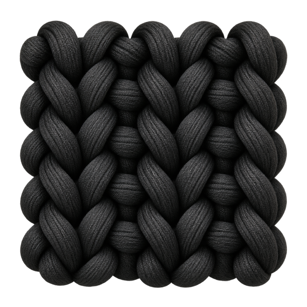 Close-up illustration of thick black interlocking knitted loops.