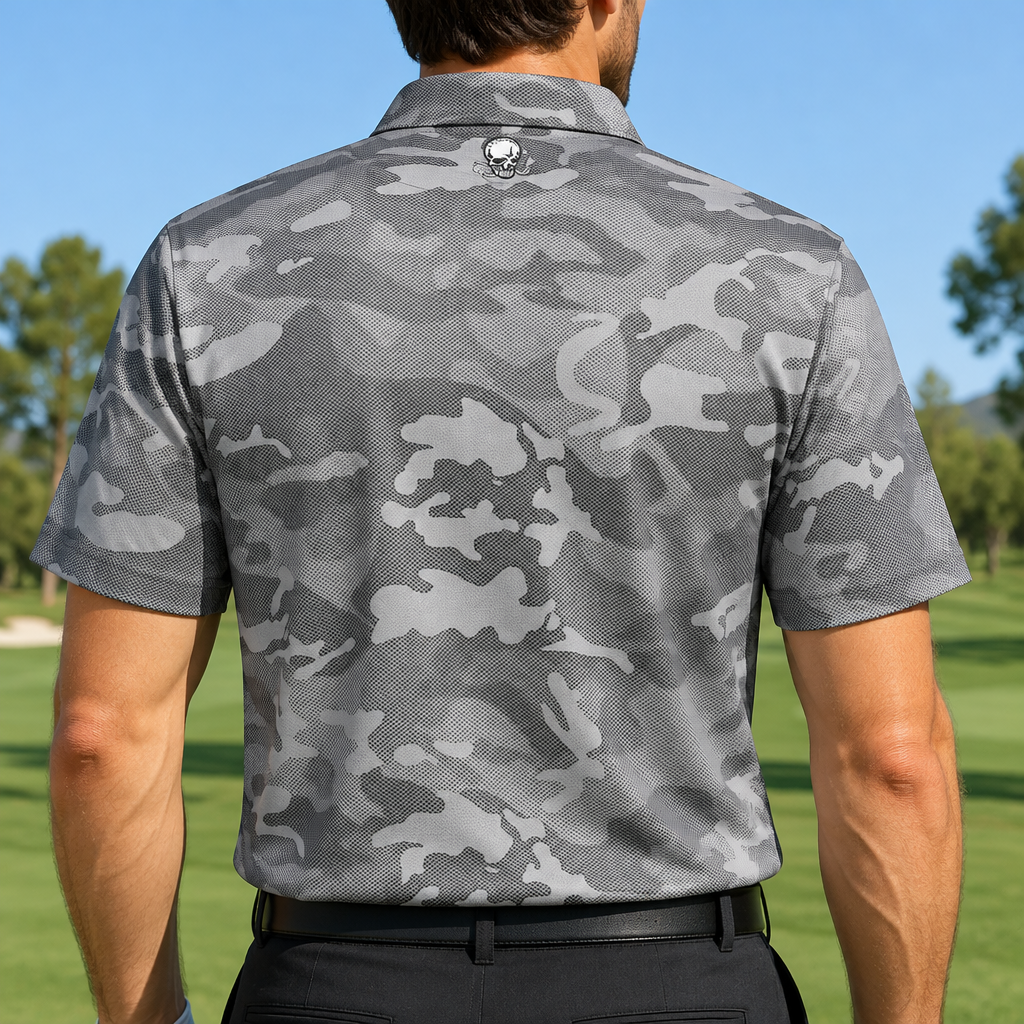 Back view of a golfer wearing a grey camouflage polo with a small logo below the collar.