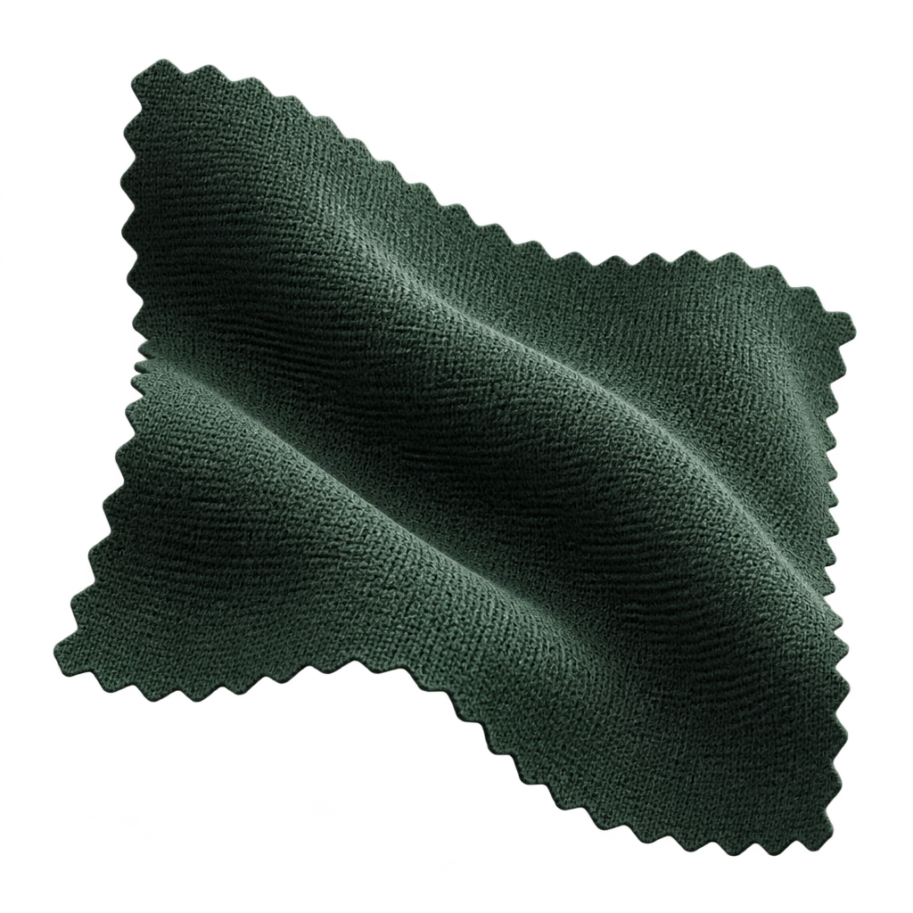 Illustration of a folded dark green fabric swatch with zigzag edges.