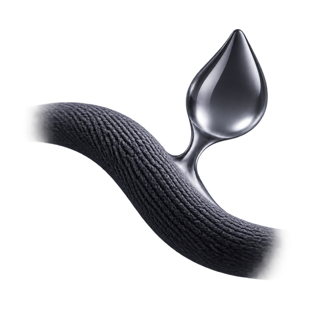 Reflective water droplet touching the edge of a curved strip of dark knitted fabric.