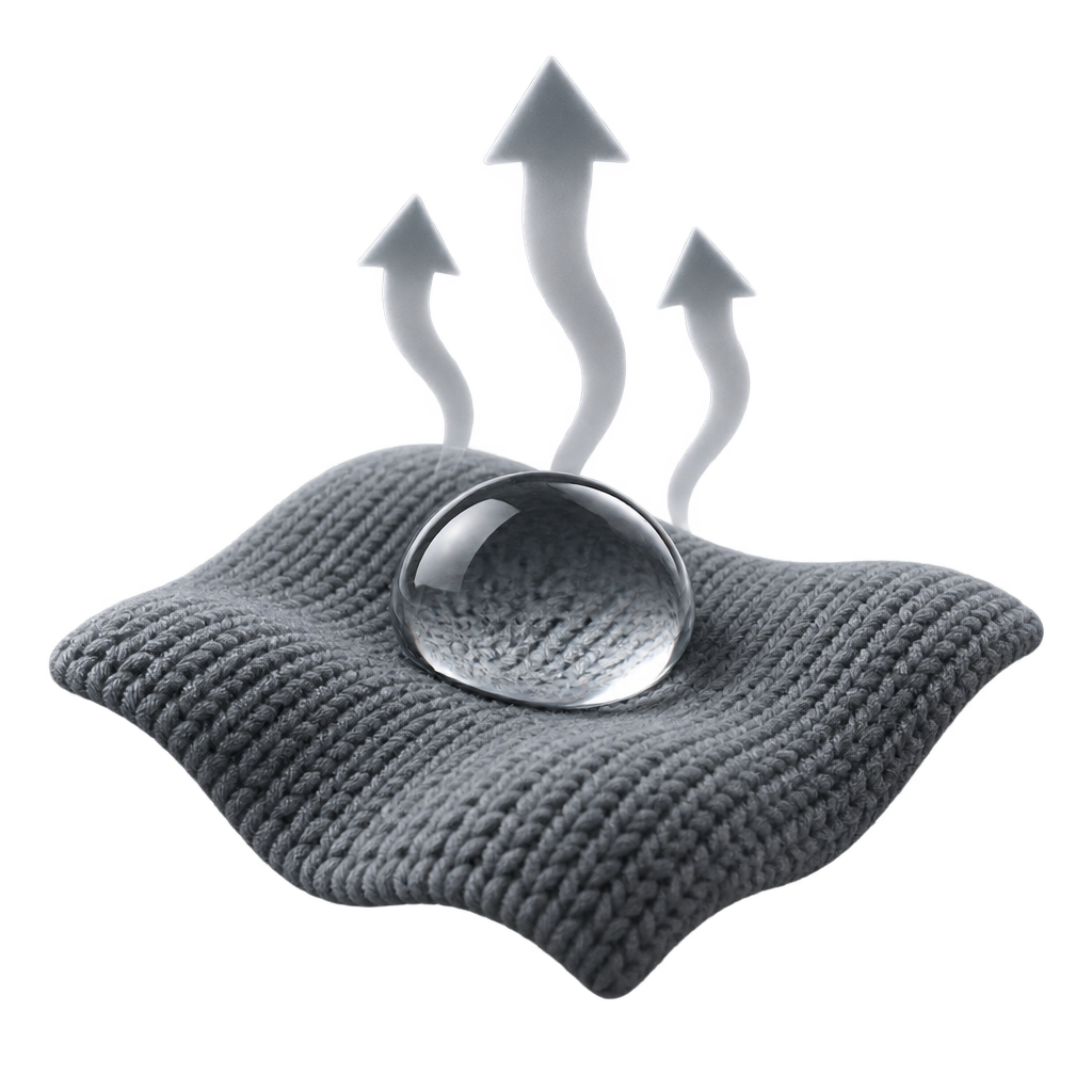 Illustration of a water droplet on grey knitted fabric with three arrows rising above it.