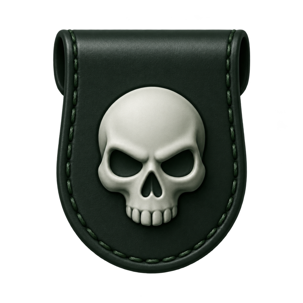 Illustration of a green fastening tab with a cream skull emblem.