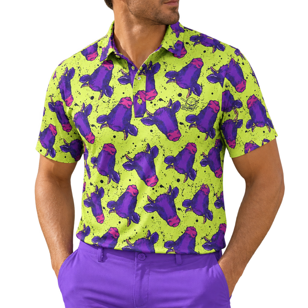 Man wearing a lime-green polo with purple cow graphics and purple trousers.