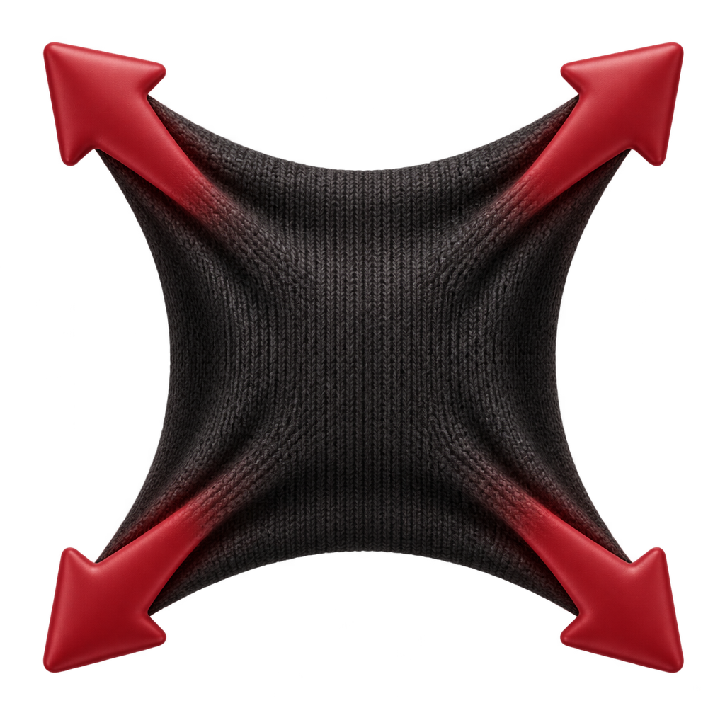 Illustration of black knitted fabric stretched outward by four red arrows.