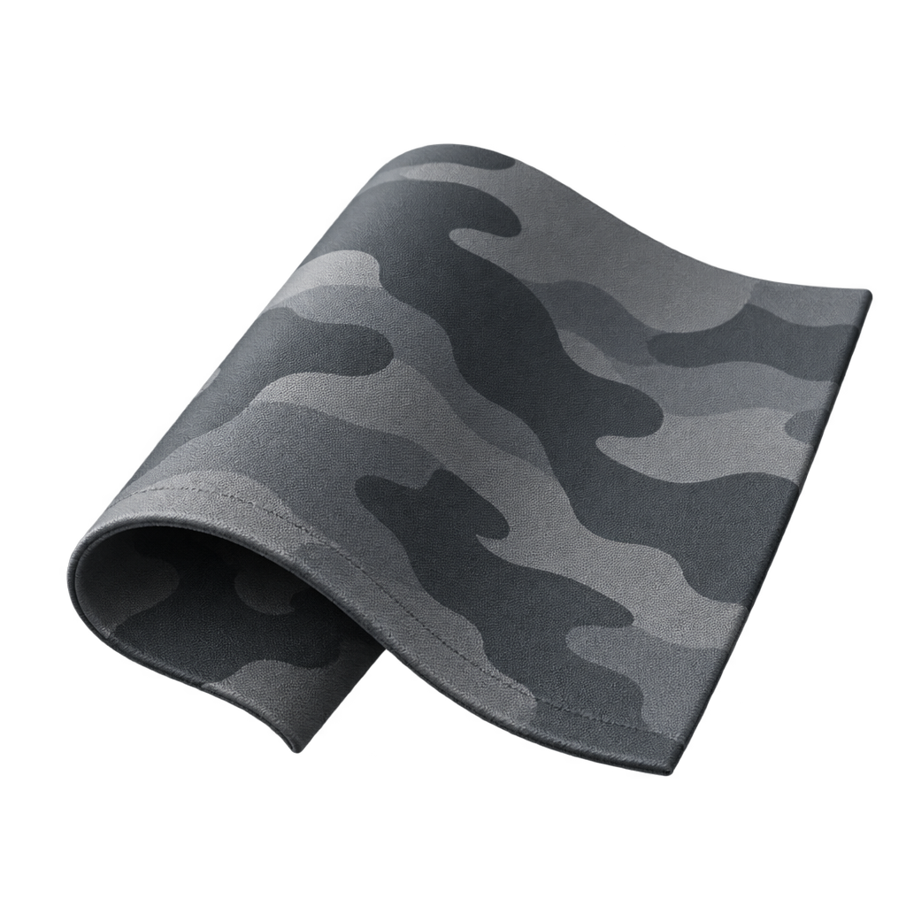 Illustration of a curved grey camouflage fabric swatch.