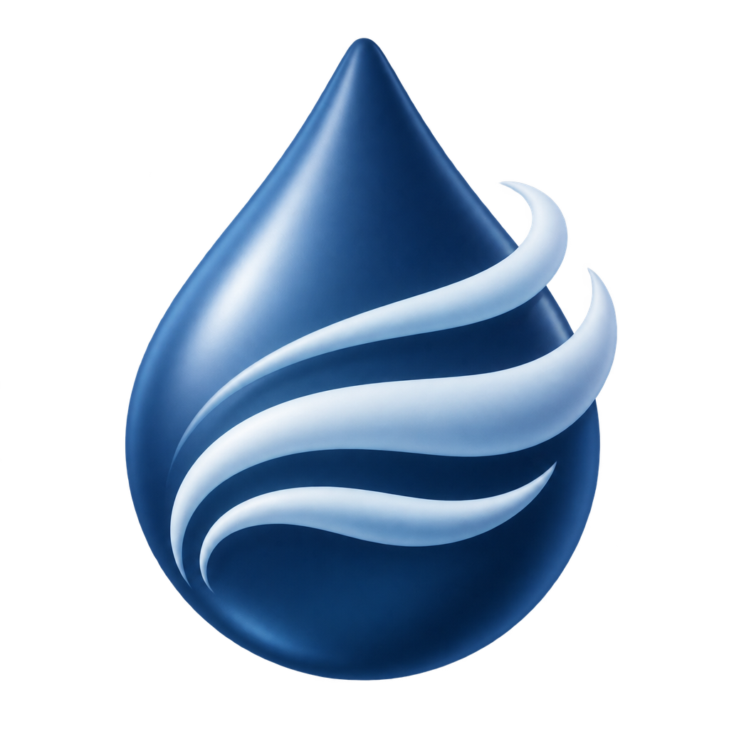 Blue water-droplet icon crossed by three white flowing bands.