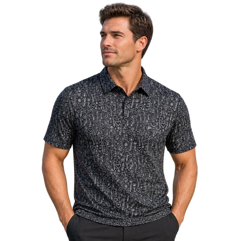 Man wearing a Tattoo Golf Hazard black and grey golf polo with intricate heart and floral line-art print.