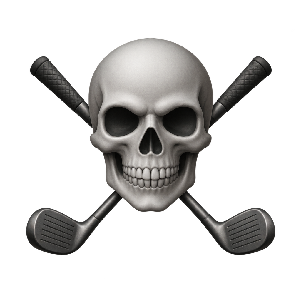 Silver skull-and-crossed-clubs illustration.