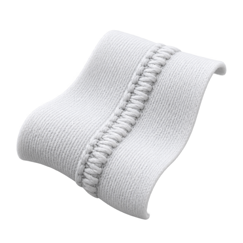 Illustration of a stitched seam across a white fabric swatch.