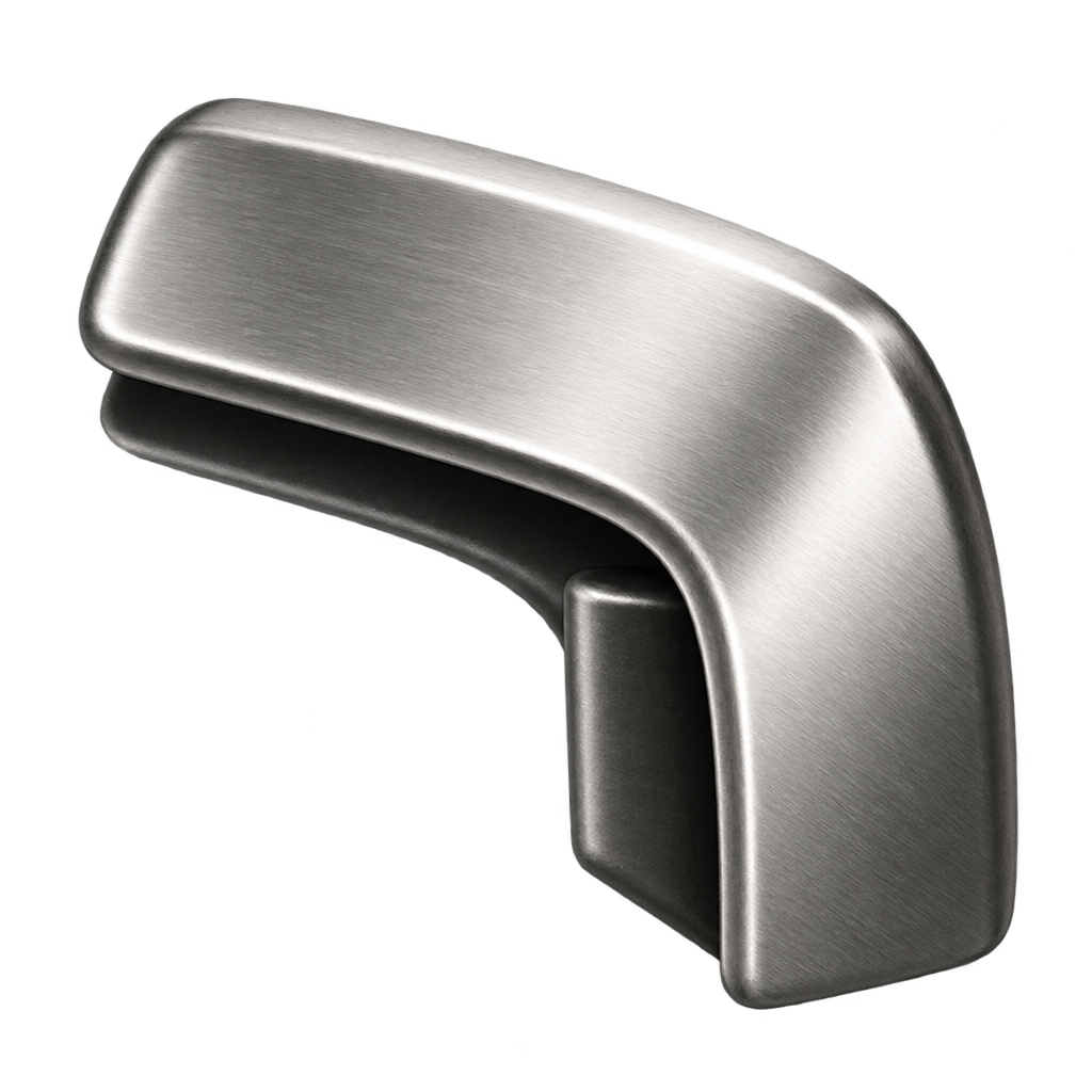 Illustration of a curved silver release lever.