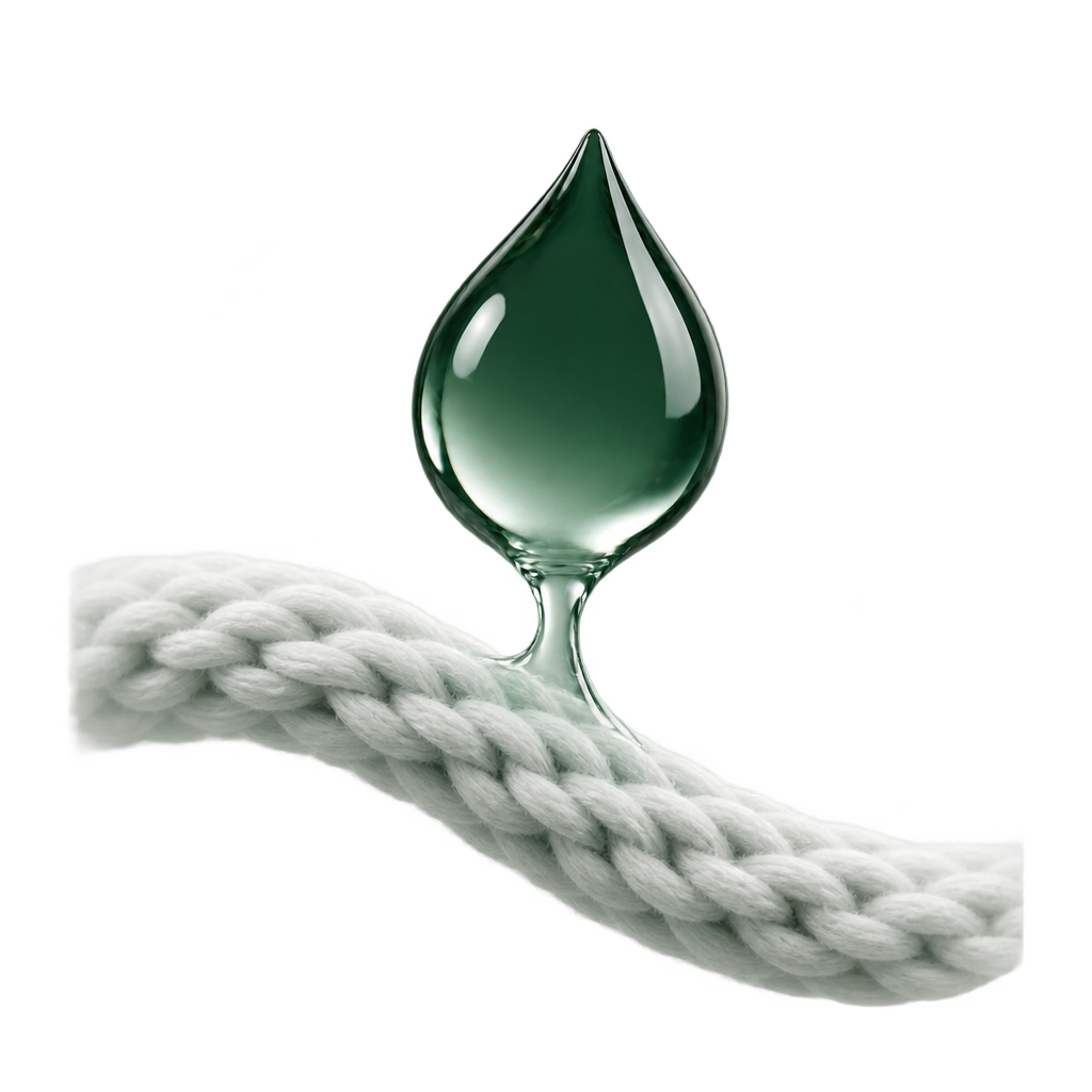 Illustration of a green water droplet above braided white fibers.