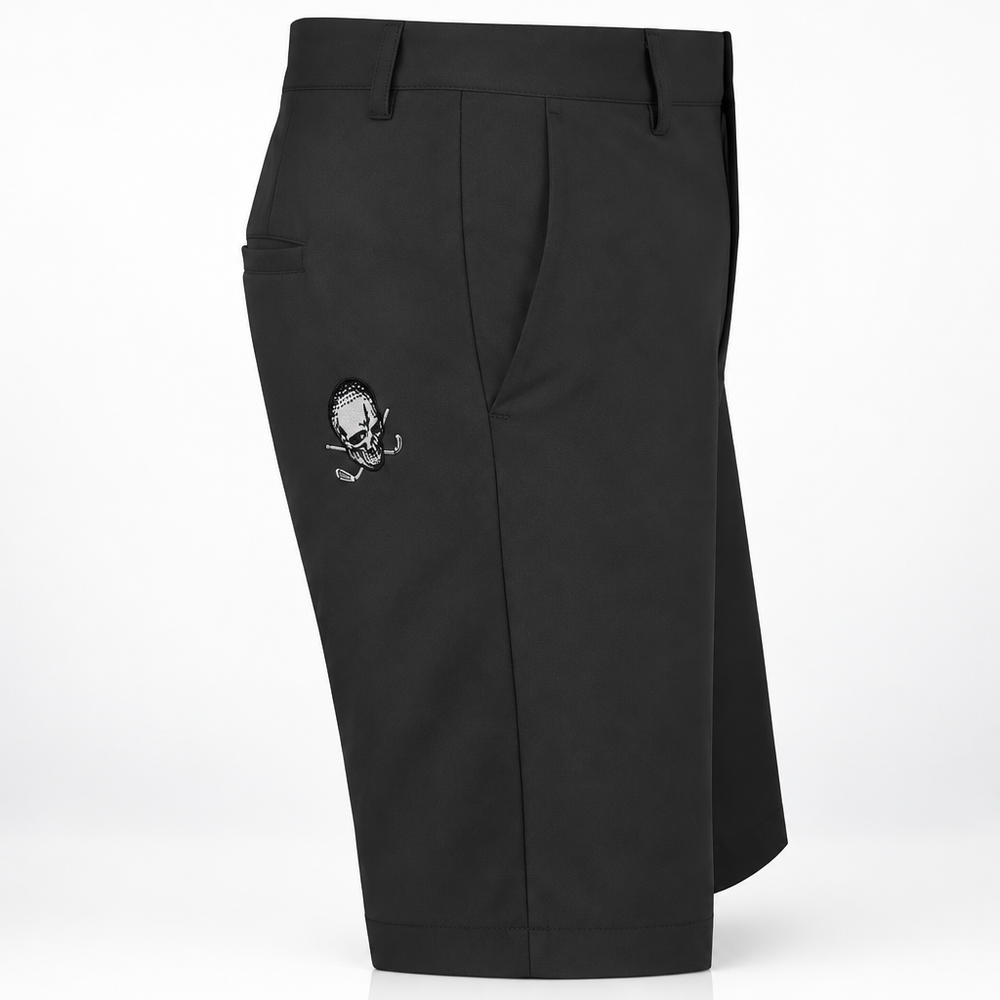 Side view of Tattoo Golf OB ProCool black golf shorts showing the front pocket, belt loops, and skull logo.