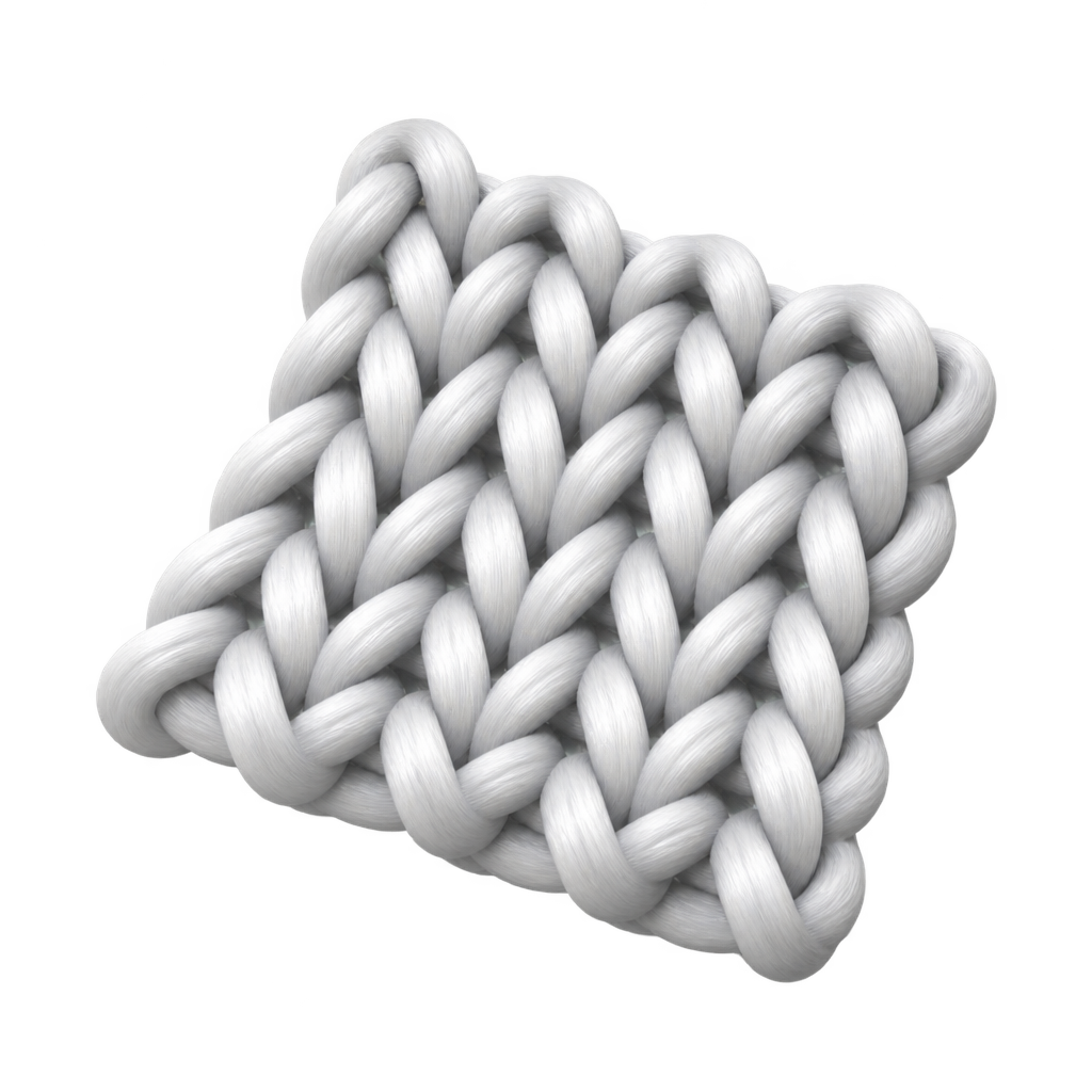 Illustration of enlarged white interlocking knit stitches.