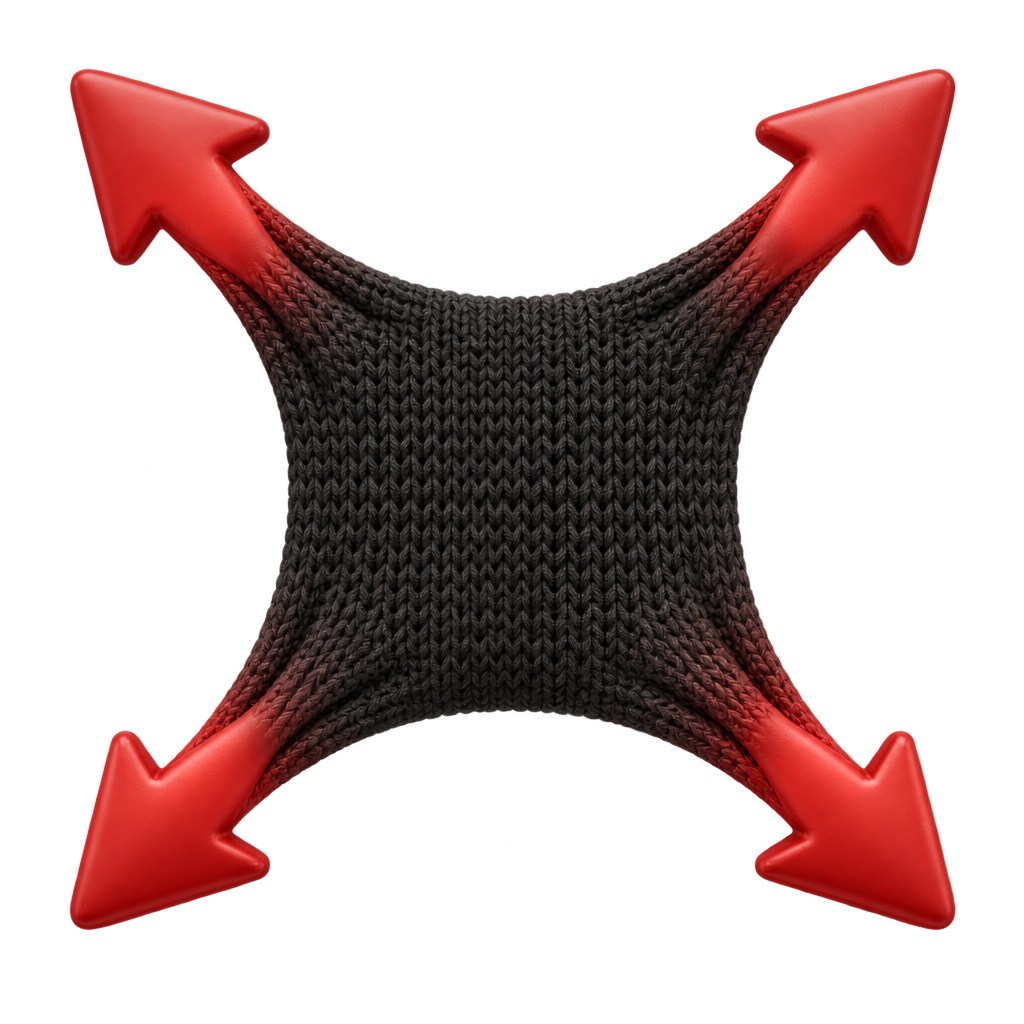 Illustration of black knitted fabric pulled outward by four red arrows.