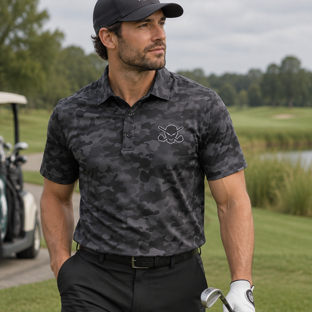 Golfer wearing a dark grey camouflage polo, black trousers and black cap beside a golf bag.