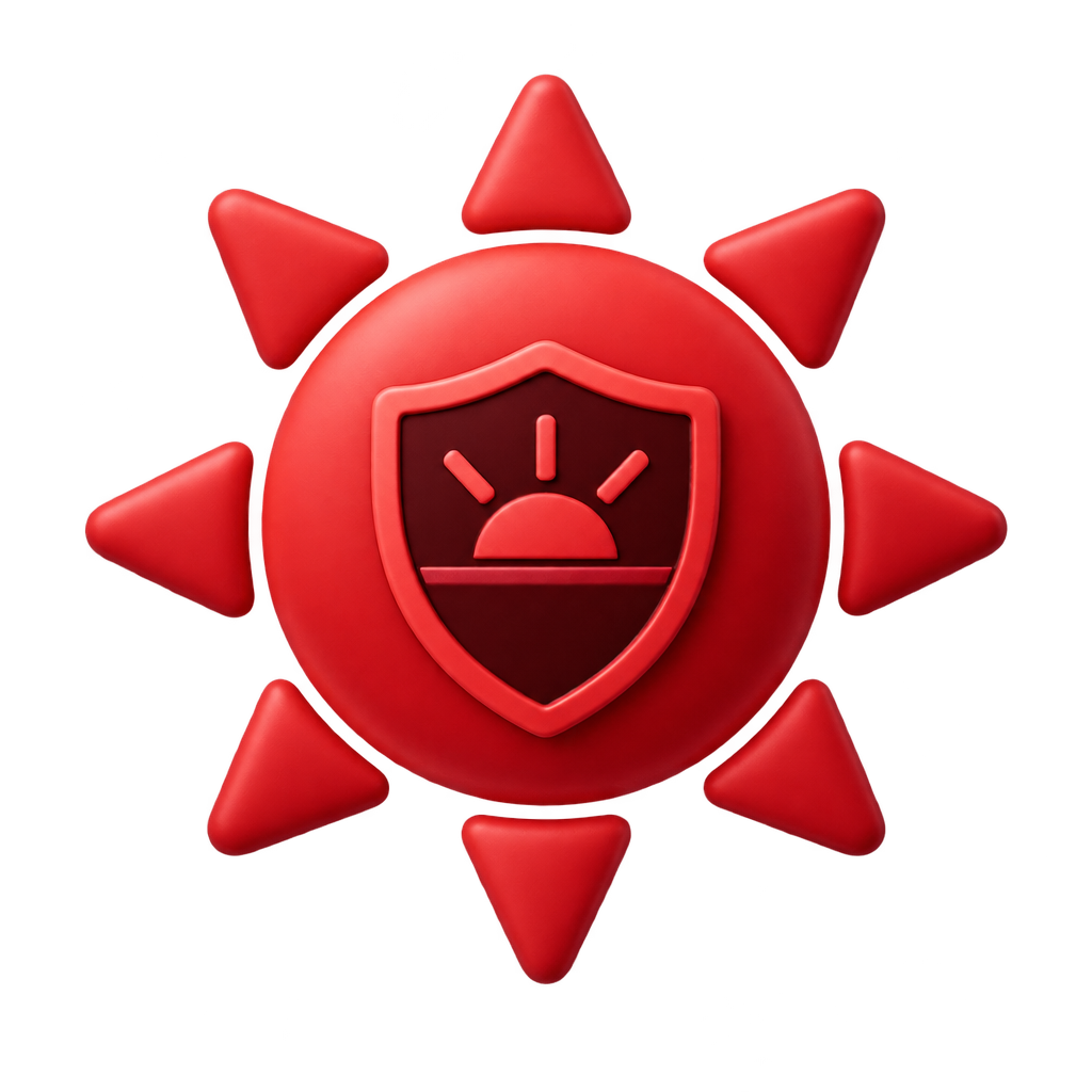 Red sun-and-shield icon, with a rising-sun symbol inside the shield.