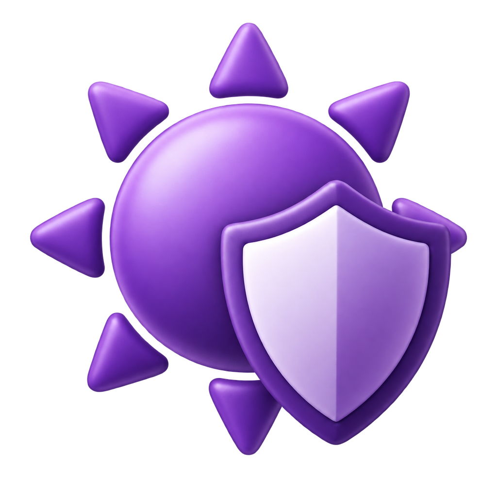 Purple sun-and-shield icon against a dark background.