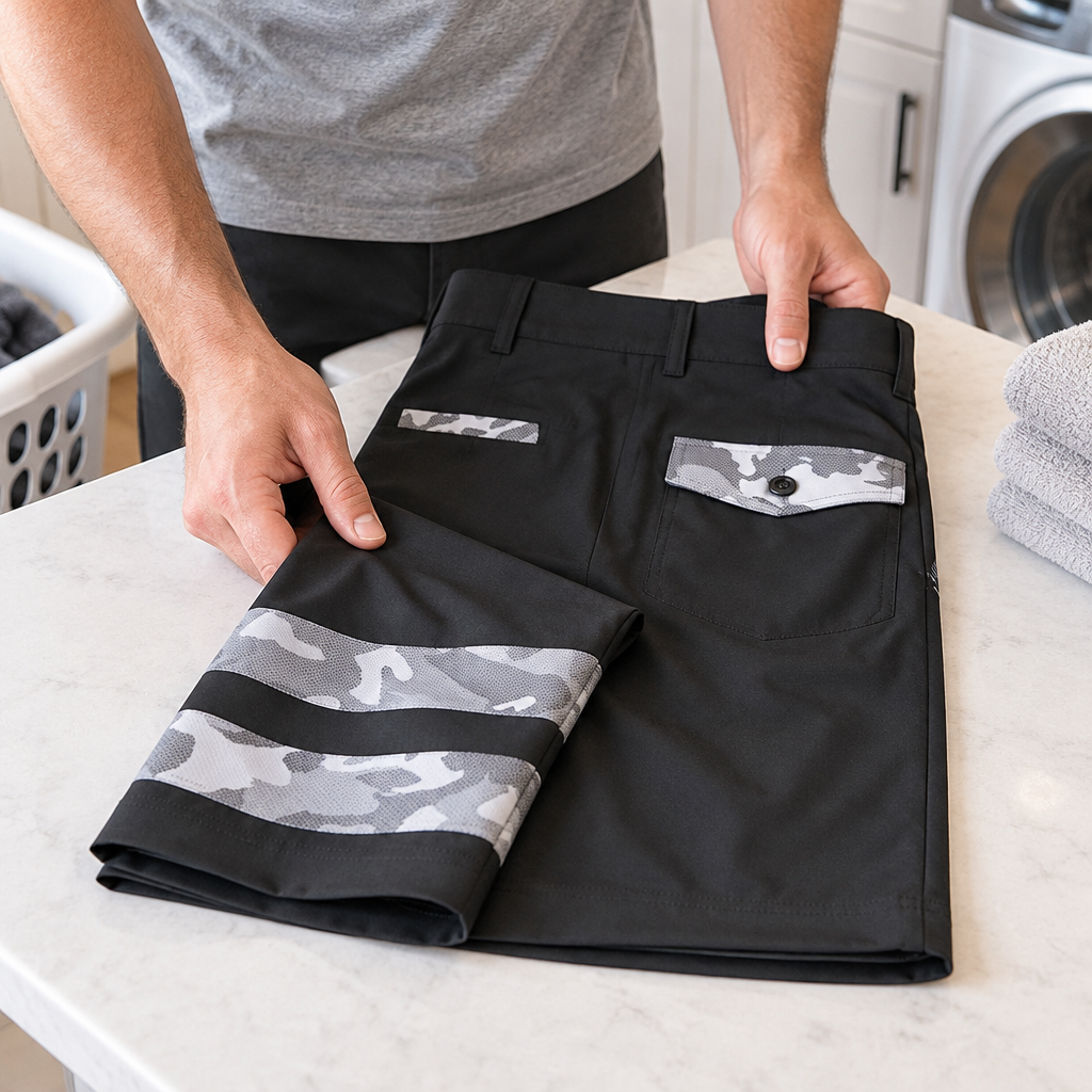 Hands folding black shorts with grey camouflage pocket trim and leg bands on a laundry counter.
