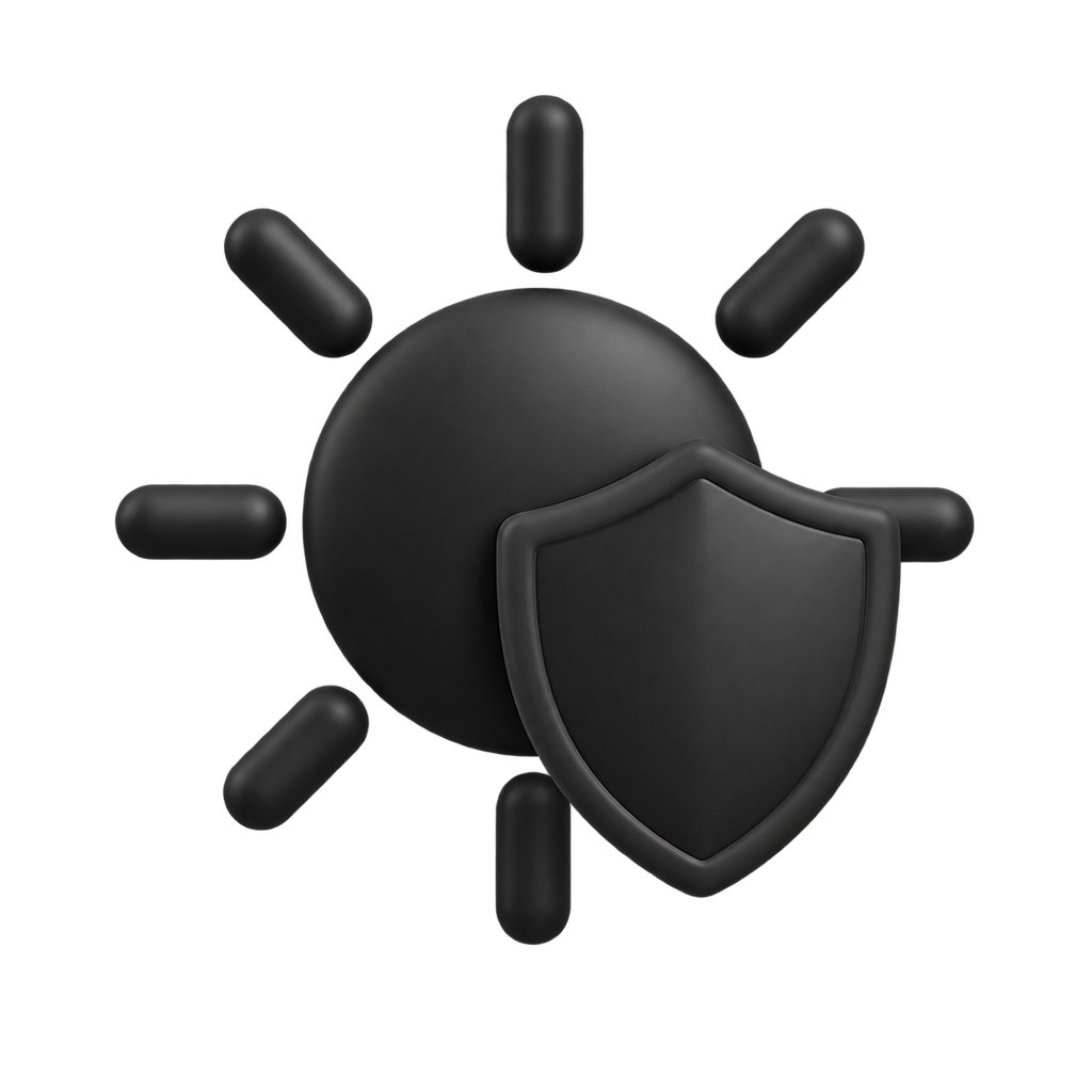 Black sun-and-shield icon.
