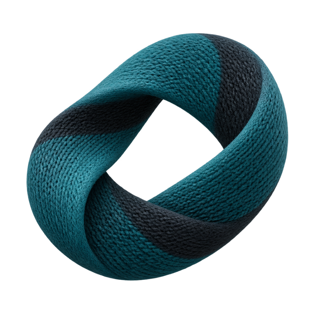 Illustration of teal and black knitted strands twisted into a loop.