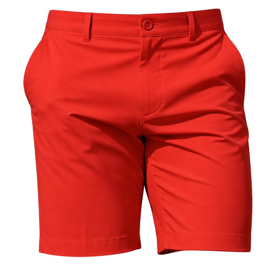Front view of red golf shorts showing belt loops, a button waist and angled pockets.