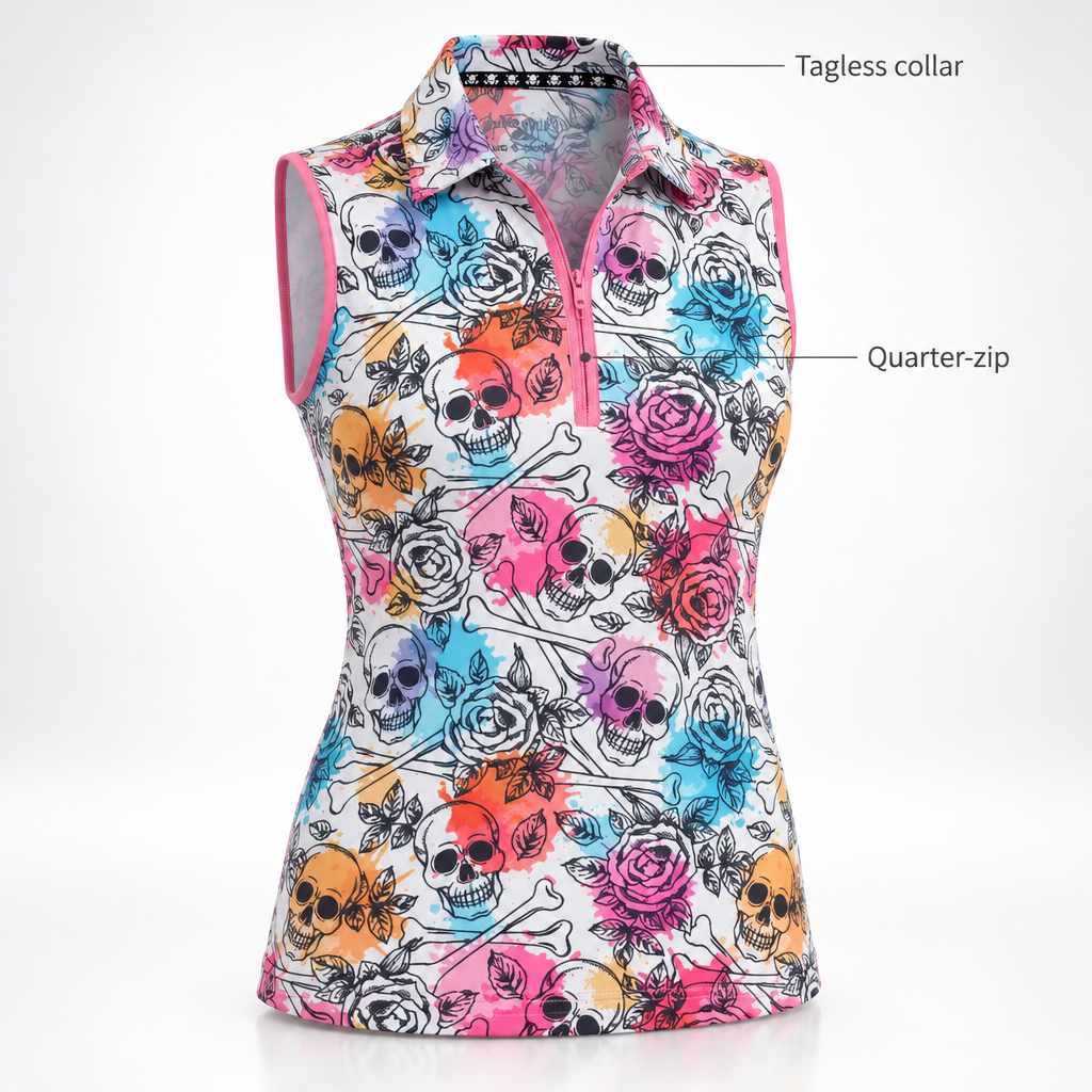 Skull-and-rose sleeveless polo diagram with labels reading 'Tagless collar' and 'Quarter-zip'.