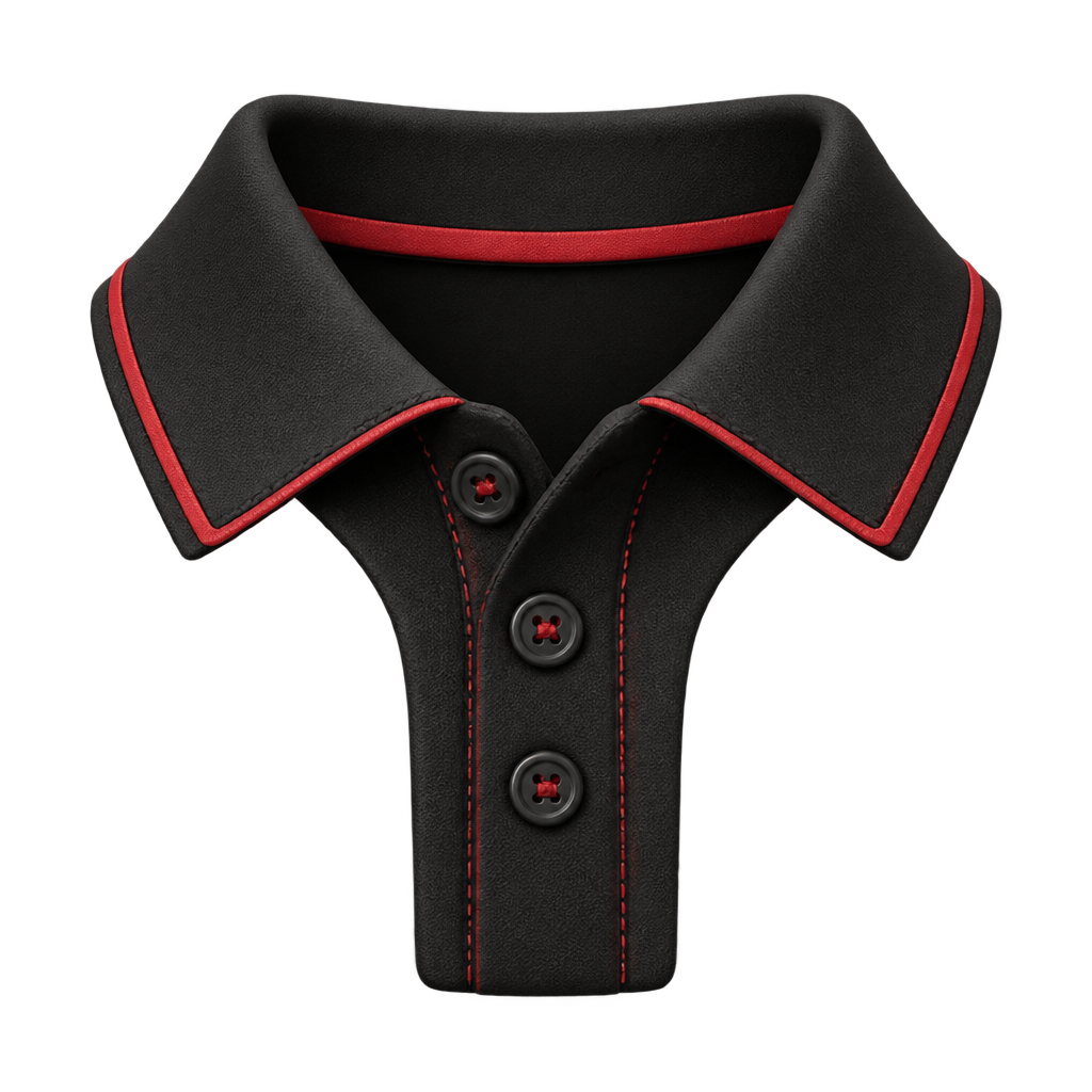 Illustration of a black polo collar and button placket with red edging.
