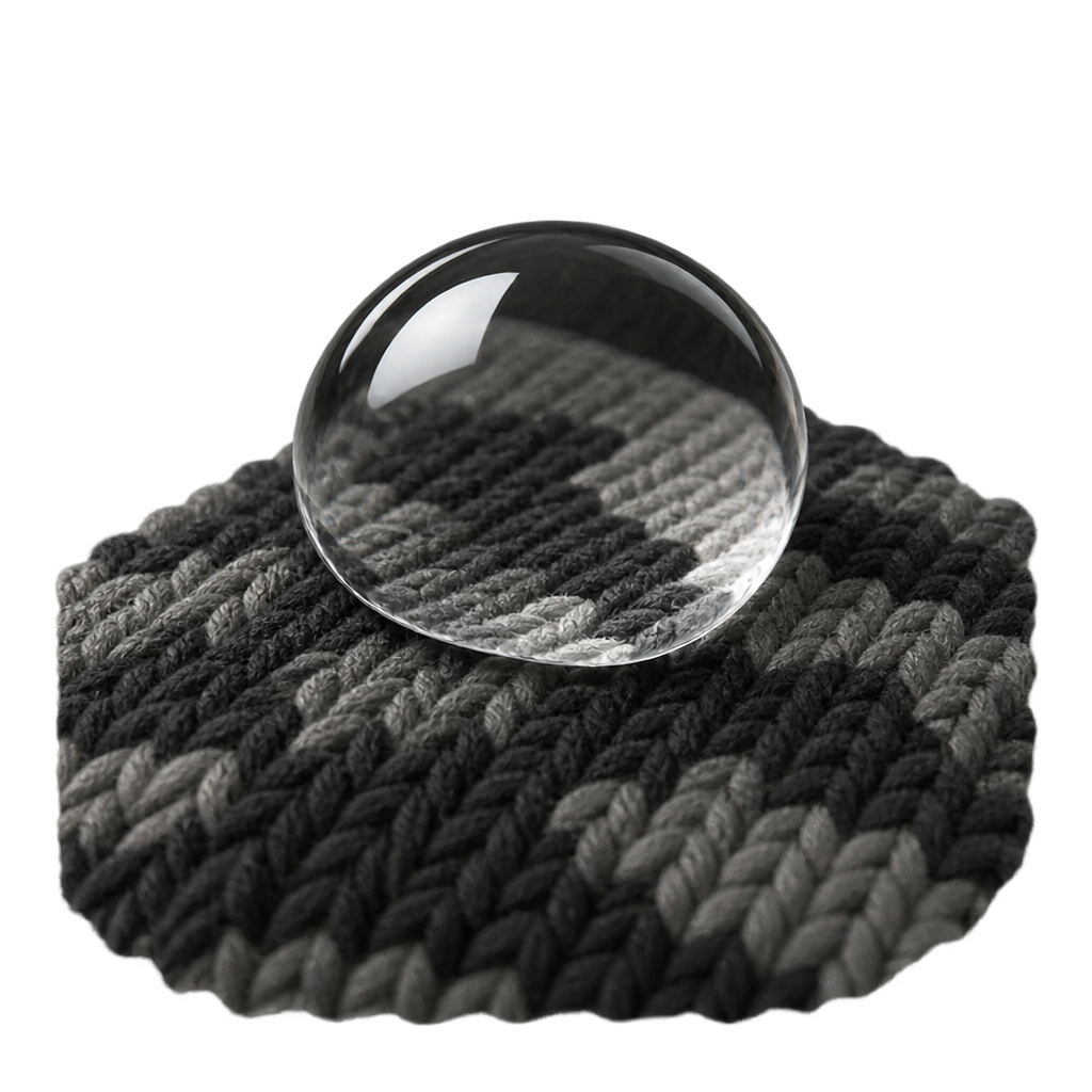 Illustration of a clear water droplet on grey and black camouflage knitted fabric.