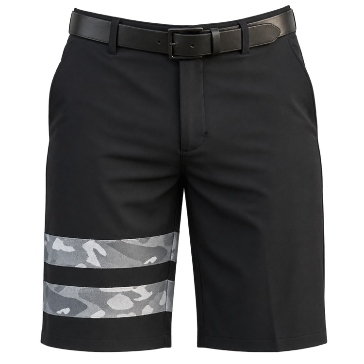 Front view of black golf shorts with two grey camouflage leg bands and a black belt.