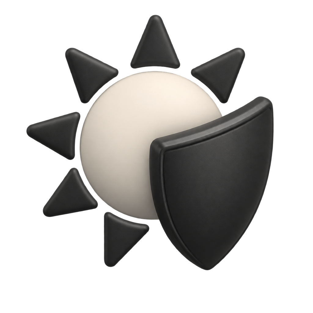 Cream-colored sun and dark shield icon.