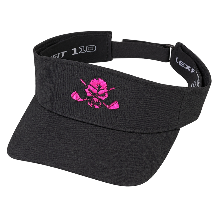 Black visor with a pink skull-and-crossed-clubs logo.