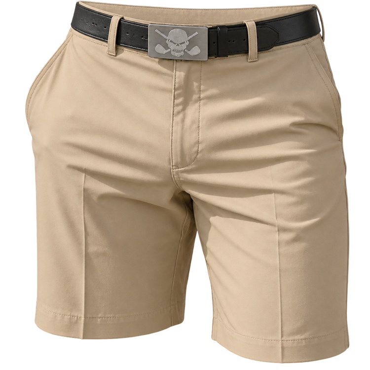 Close-up of khaki golf shorts worn with a black skull-buckle belt.