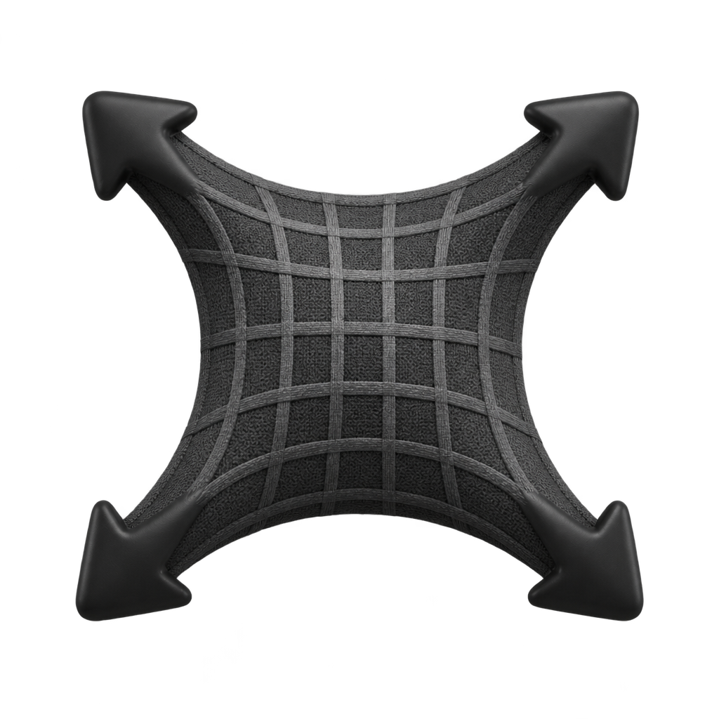 Illustration of a dark gridded fabric square with four outward arrows.
