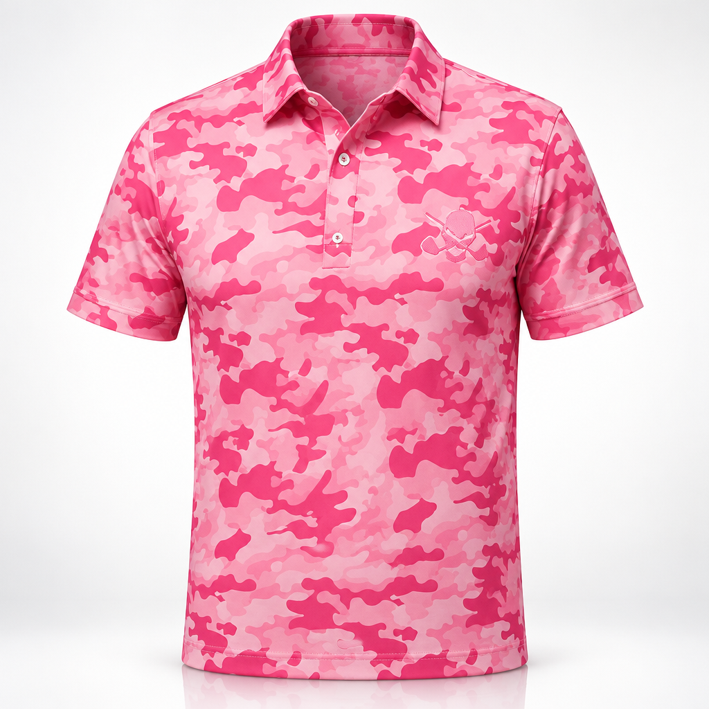 Pink camouflage golf polo displayed on a white background.