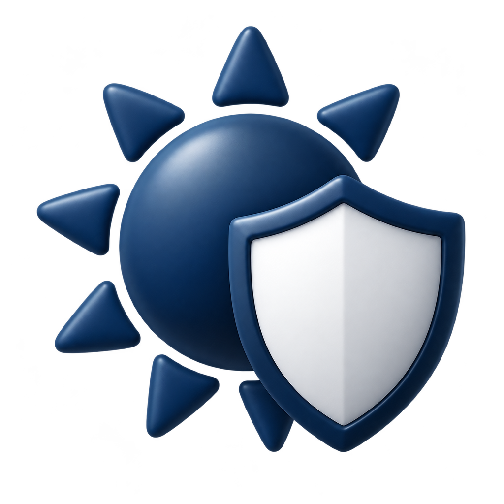 Navy sun icon with a white-centered shield.