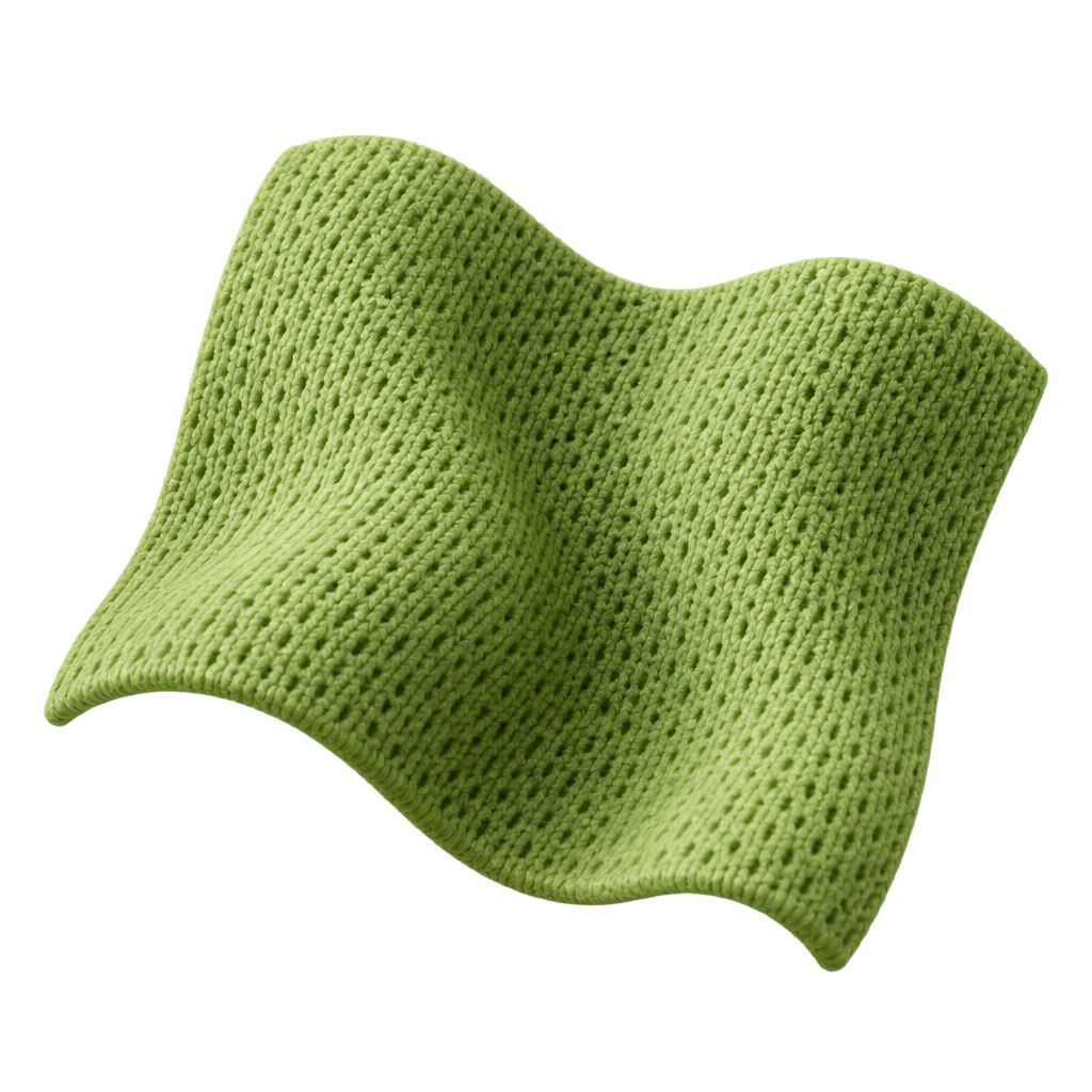 Illustration of a curved green mesh-textured fabric swatch.