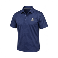 Navy patterned polo displayed on white.