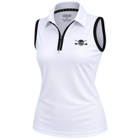 Angled view of a white sleeveless polo with black armhole edging and zip placket.