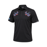 Black Birdie golf polo with two red-and-blue bird graphics on the chest and small sleeve logos.